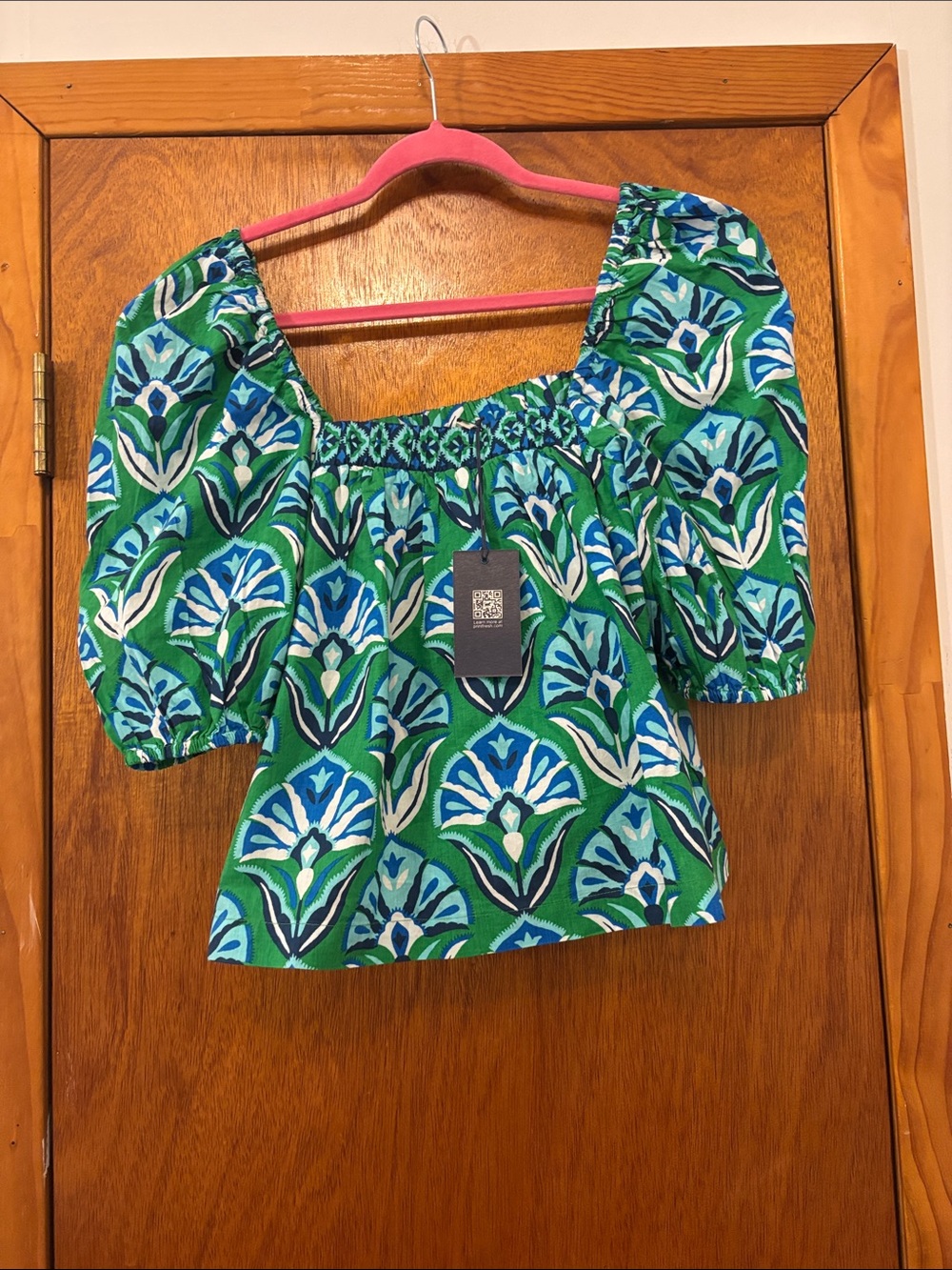 NWT Printfresh Square Neck 100% Cotton Blouse in Green White Blue Abstract Print